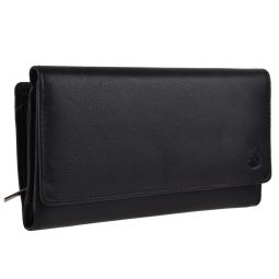 Ladies Leather Long Flap Over Purse Wallet by Hansson Nordic Blue Gift Boxed (Black)