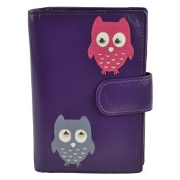 Ladies Tab Leather Purse Wallet by Mala; Kyoto Collection Cute Owls Womens (Purple)