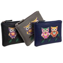 Ladies Small Leather Coin Purse/Wallet by Mala; Kyoto Collection Cute Applique OWLS