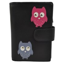 Ladies Tab Leather Purse Wallet by Mala; Kyoto Collection Cute Owls Womens (Black)