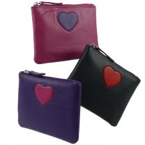 Ladies Leather Zip Compact Coin Purse by Mala Leather; Pinky Collection Handy Heart
