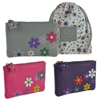 Ladies Leather Compact Coin Purse by Mala; Cara Collection 3D Flowers Handy