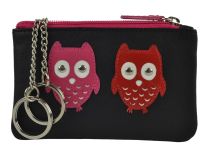 Ladies Small Leather Coin Purse/Wallet by Mala; Kyoto Collection Cute OWLS (Black)