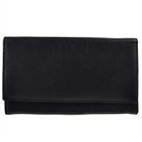 Ladies Leather Medium Flap Over Purse by Woods Change Section Value Gift Box (Black)