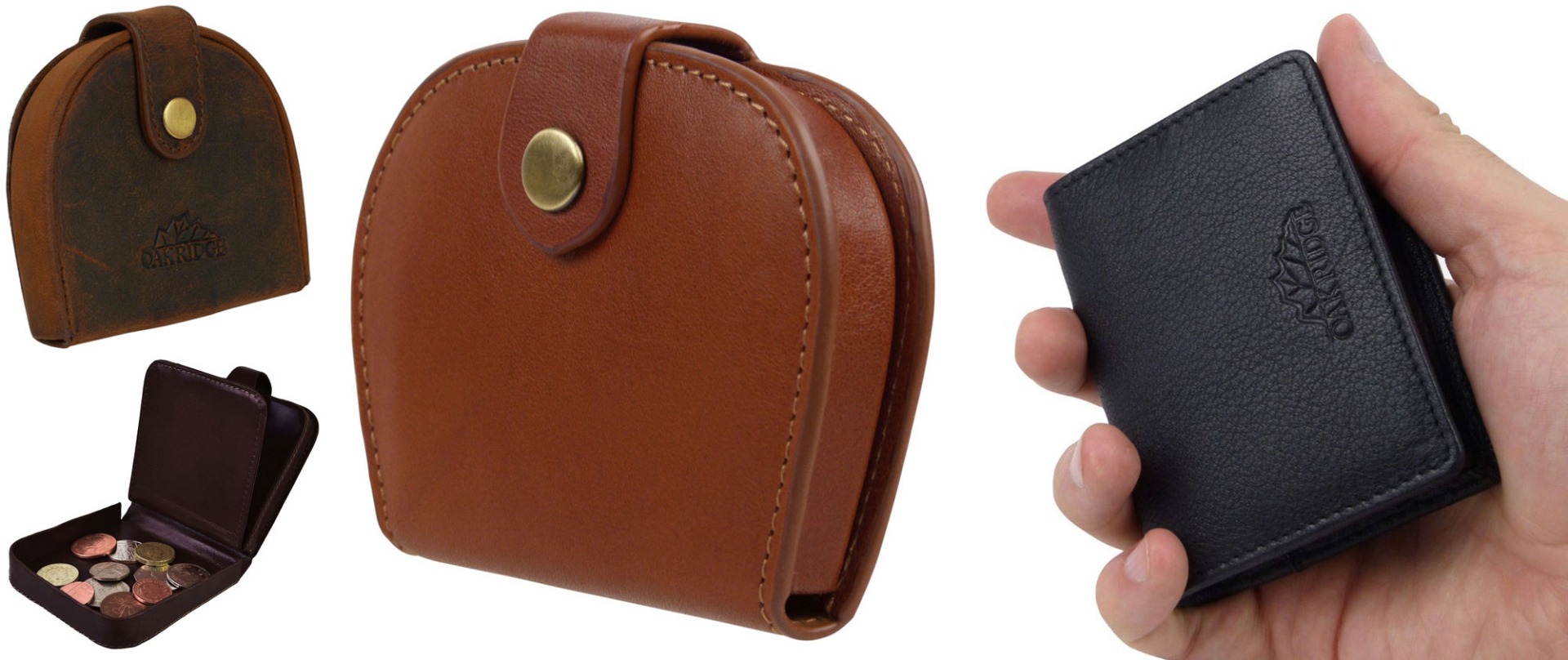 Picture shows a selection of men's leather coin trays in different colours and finishes